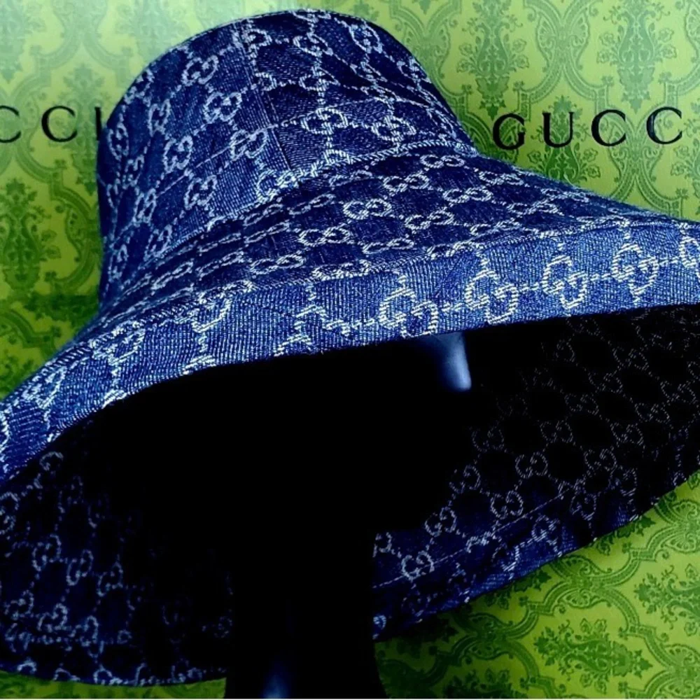 Gucci GG Denim Monogram Bucket Hat Wide Large Brim Navy Blue Jacquard Beach - Picture 4 of 16